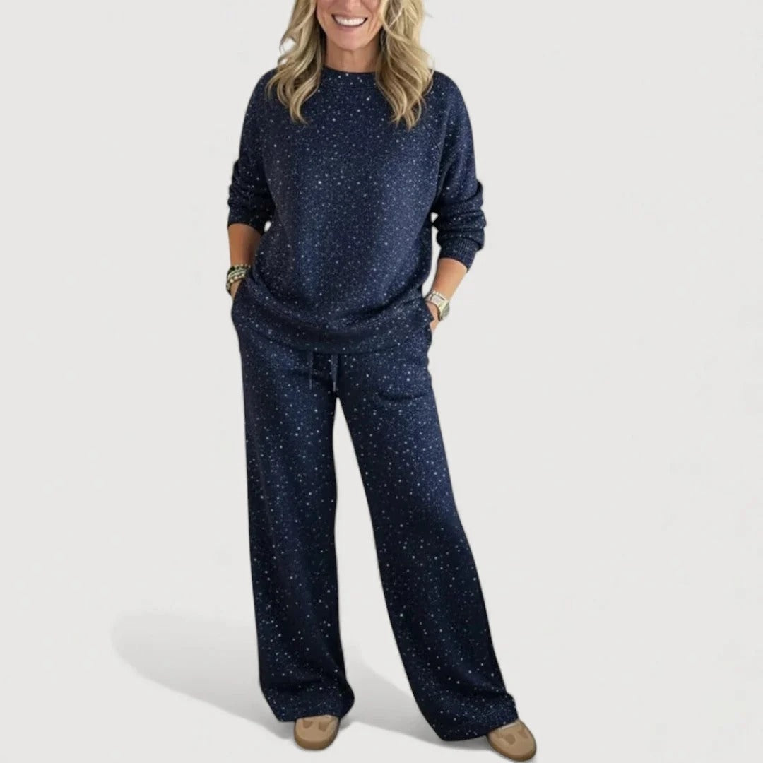 Kvinnors Avslappnade Lounge Set – Glittrande Crew Neck Koord för Höst och Vinter