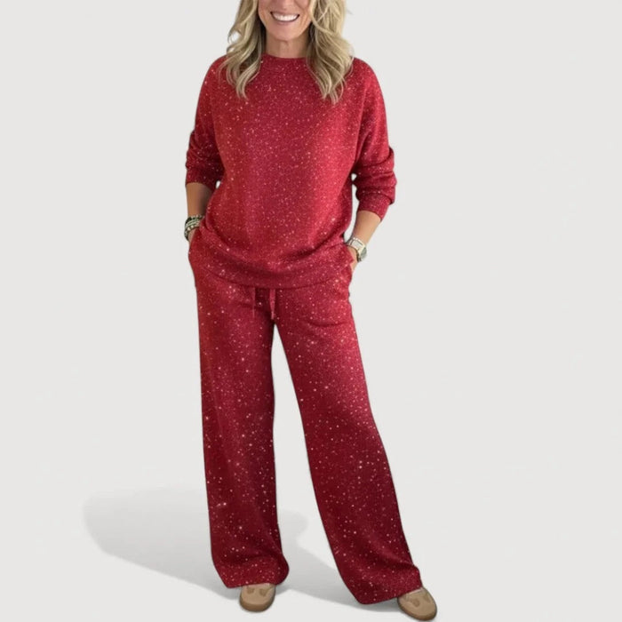 Kvinnors Avslappnade Lounge Set – Glittrande Crew Neck Koord för Höst och Vinter