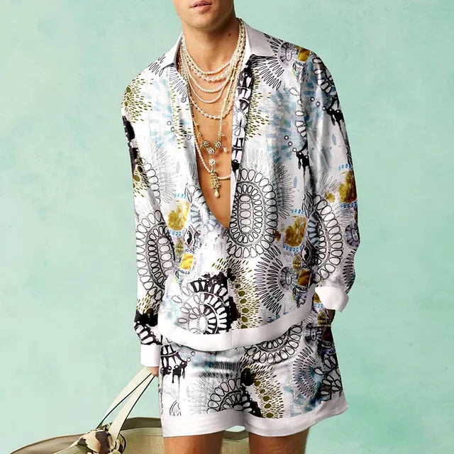Herrtryckt skjorta och shorts-set – Lättviktig silkesliknande resortoutfit för sommarlov