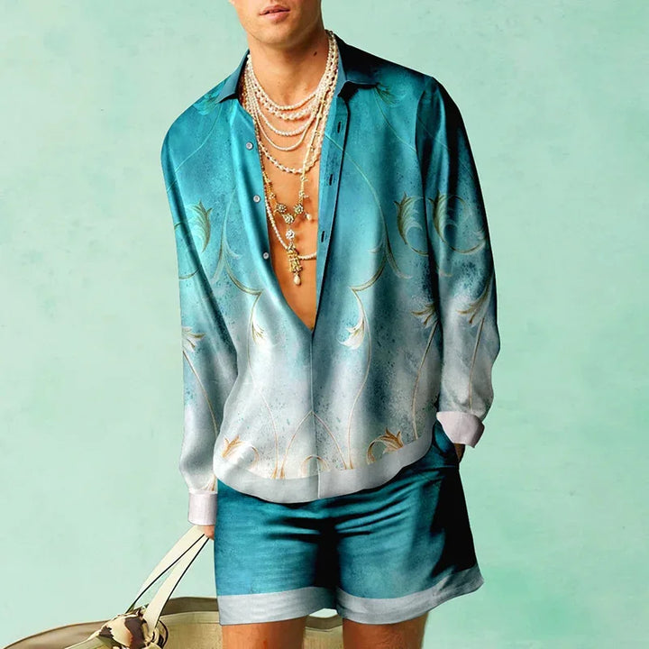 Herrtryckt skjorta och shorts-set – Lättviktig silkesliknande resortoutfit för sommarlov