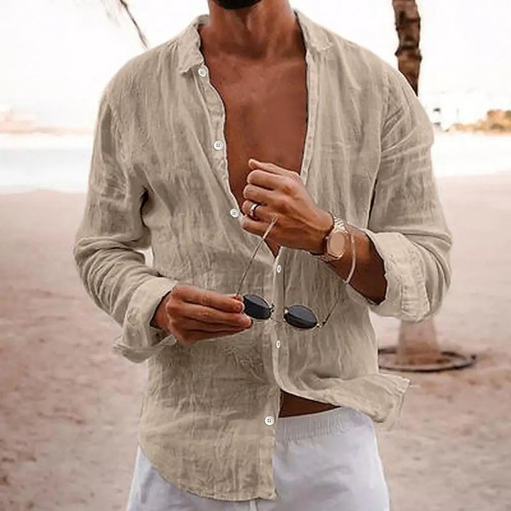 Herrars långärmad linne sommar casual strandskjorta