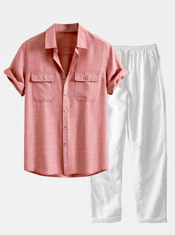 Herrens Texturerade Pocket Skjorta Co-Ord – Linneblandade Raka Byxor för Sommarens Smart Casual Klädsel