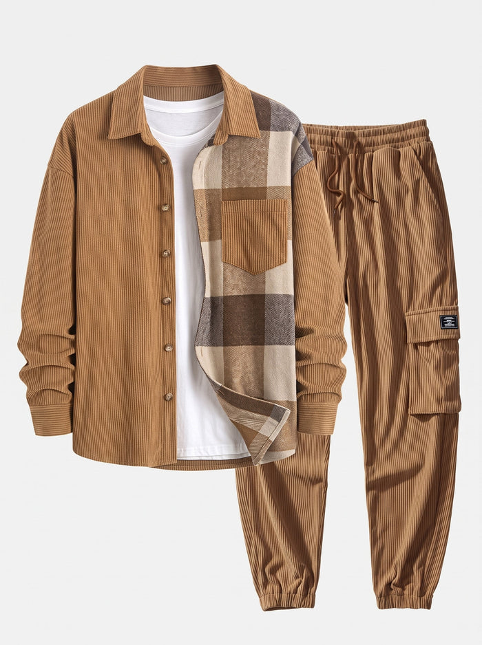 Herrars Corduroy Skjorta och Cargo Jogger Set – Avslappnad Höst Streetwear Co-Ord