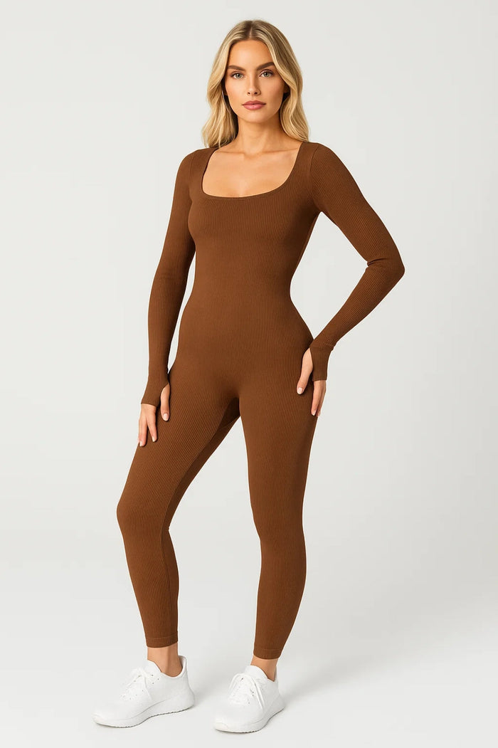 Kvinnors Ribbad Fyrkantig Halsringning Långärmad Jumpsuit
