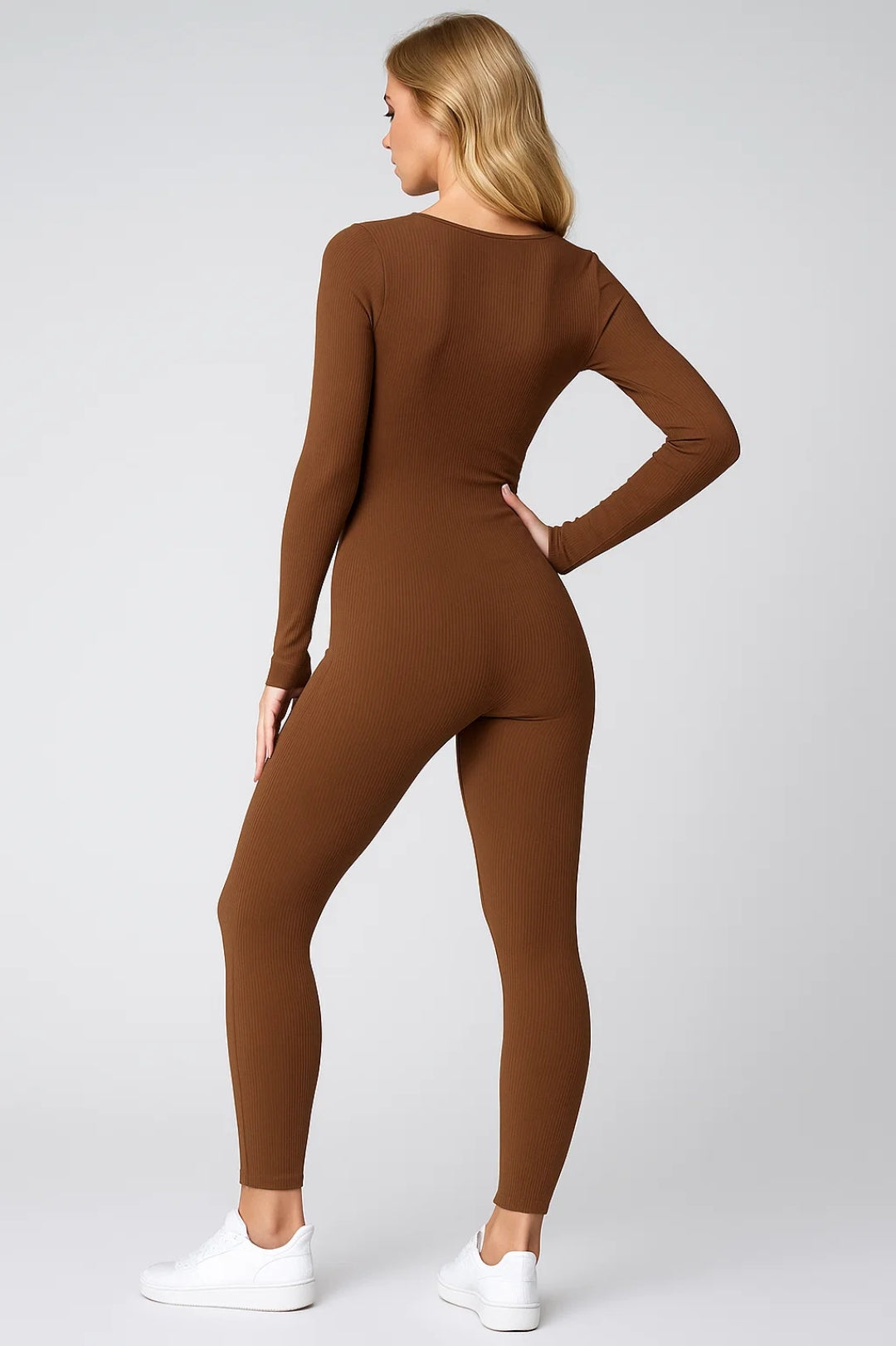 Kvinnors Ribbad Fyrkantig Halsringning Långärmad Jumpsuit
