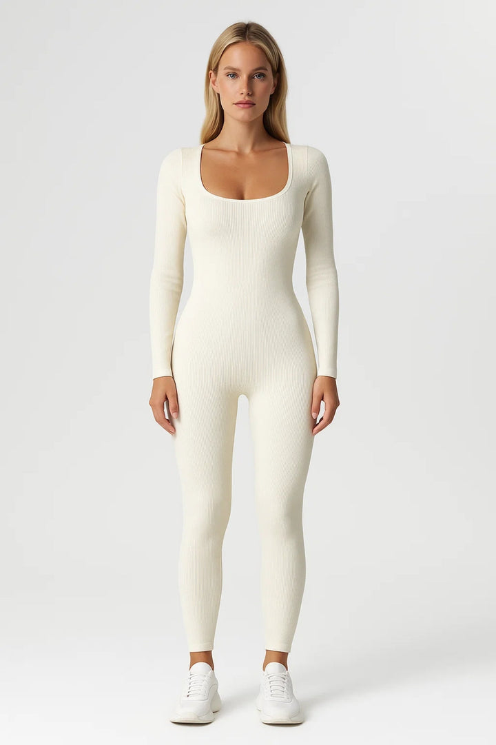 Kvinnors Ribbad Fyrkantig Halsringning Långärmad Jumpsuit