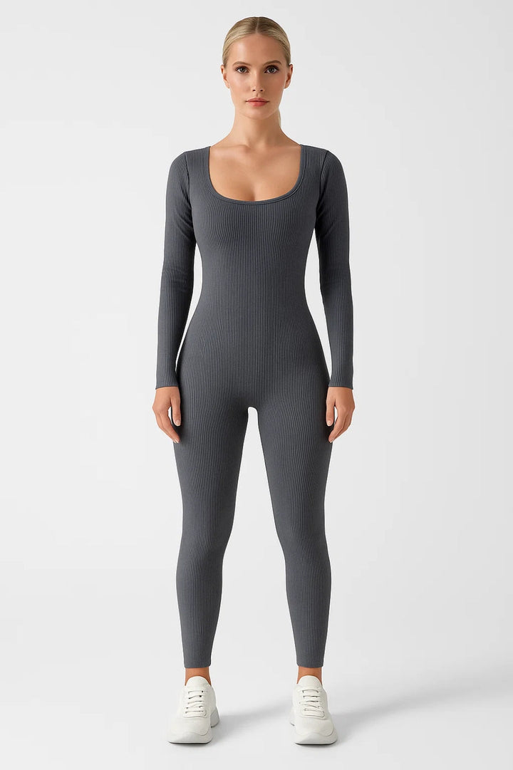 Kvinnors Ribbad Fyrkantig Halsringning Långärmad Jumpsuit