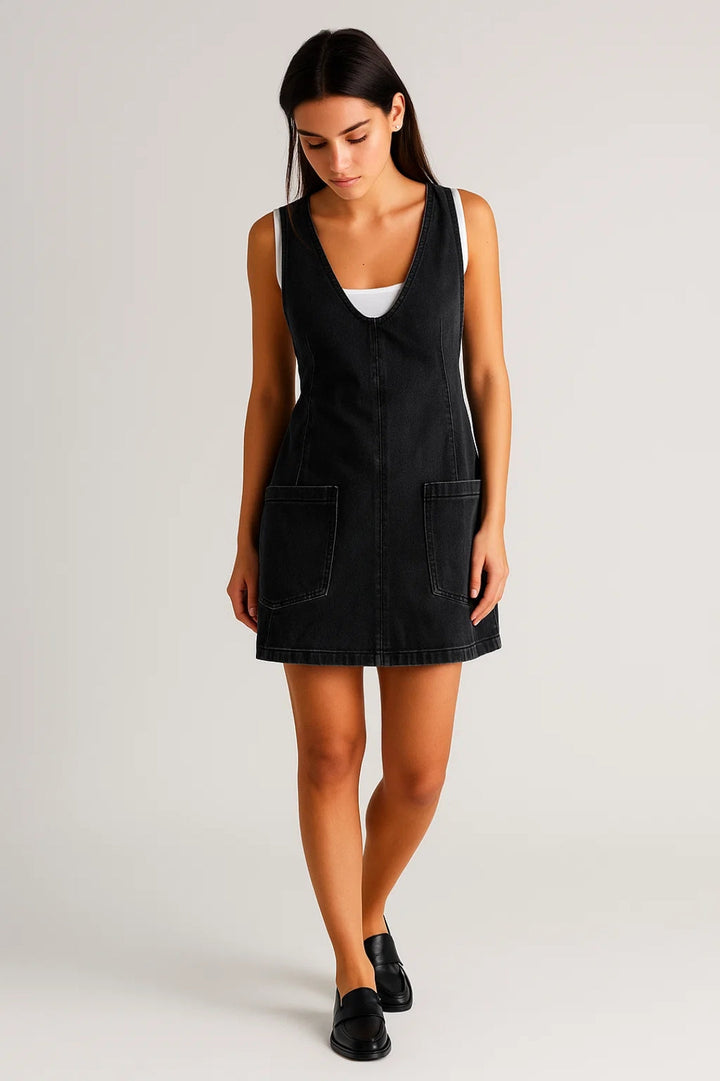 Kvinnors Klänning Denim V-ringad Fick Mini Pinafore