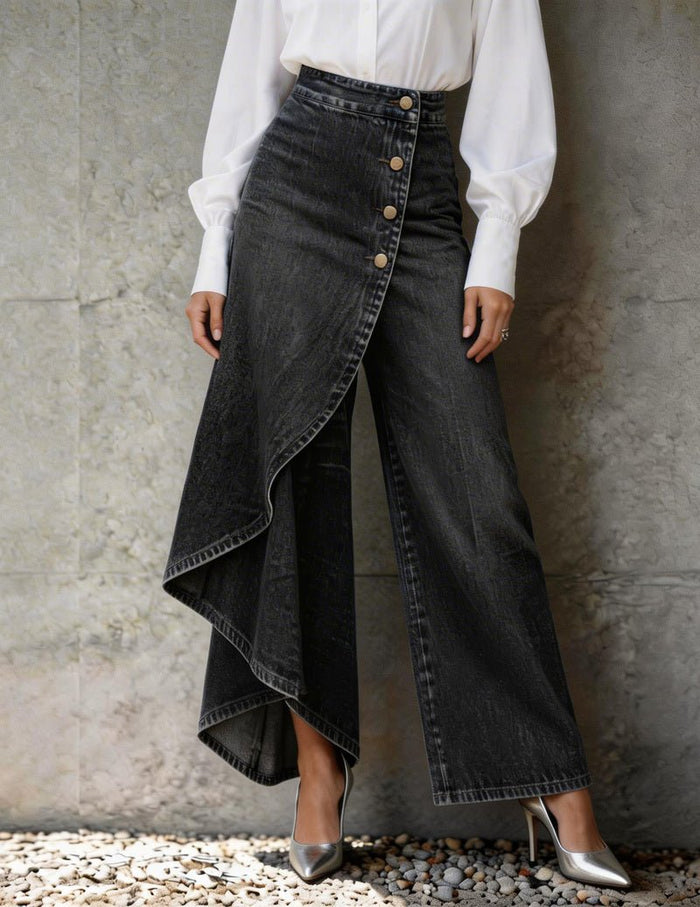 Kvinnors Asymmetriska Wrap Denimbyxor med Vida Ben