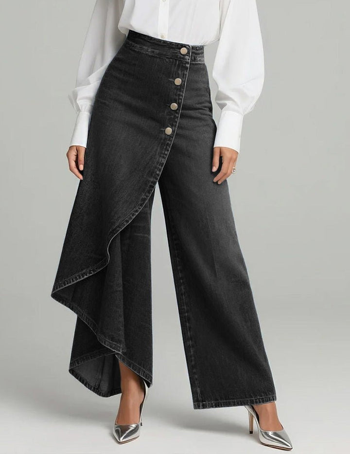 Kvinnors Asymmetriska Wrap Denimbyxor med Vida Ben