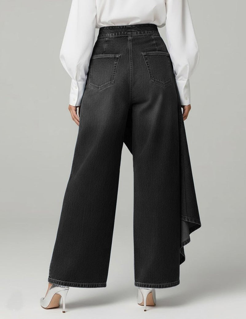 Kvinnors Asymmetriska Wrap Denimbyxor med Vida Ben