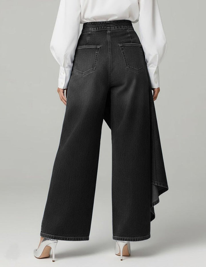 Kvinnors Asymmetriska Wrap Denimbyxor med Vida Ben