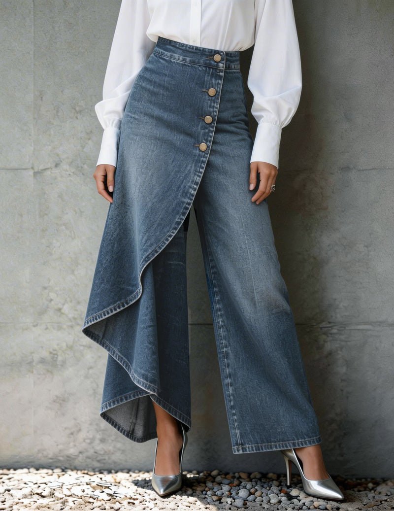 Kvinnors Asymmetriska Wrap Denimbyxor med Vida Ben