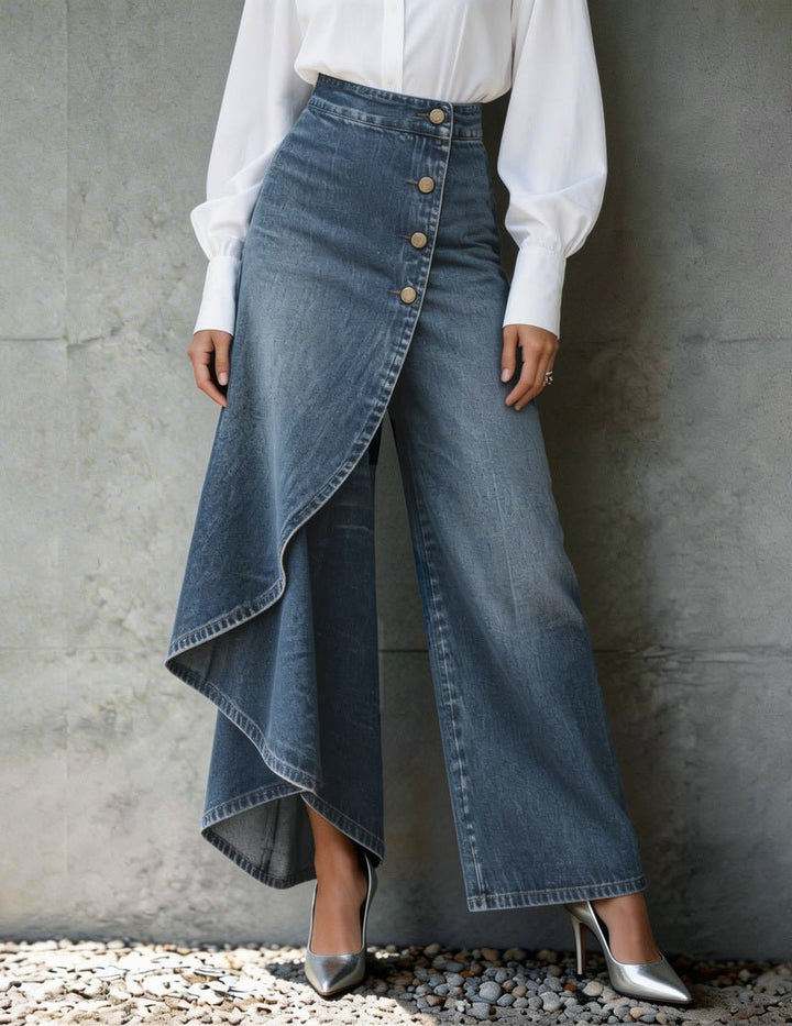 Kvinnors Asymmetriska Wrap Denimbyxor med Vida Ben