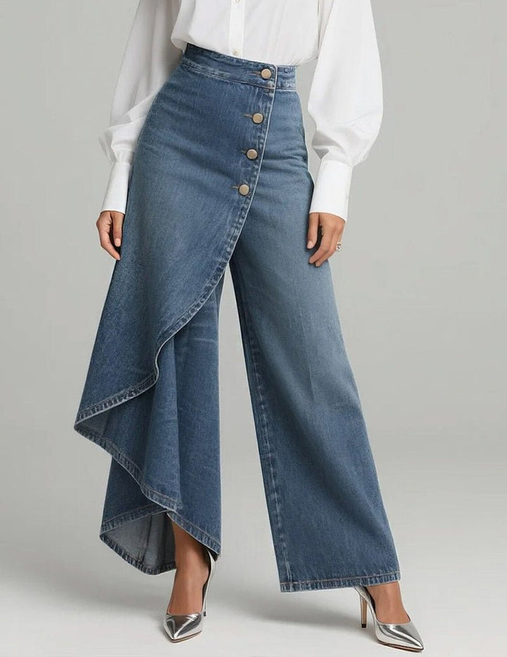 Kvinnors Asymmetriska Wrap Denimbyxor med Vida Ben