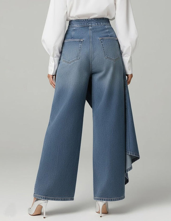 Kvinnors Asymmetriska Wrap Denimbyxor med Vida Ben