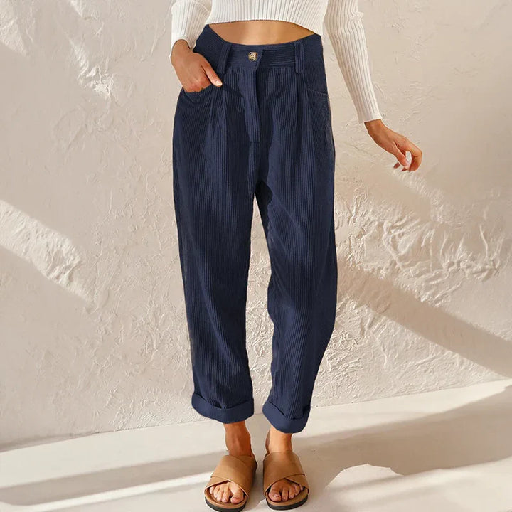 Kvinnors Corduroy Byxor med Plisserad Hög Midja