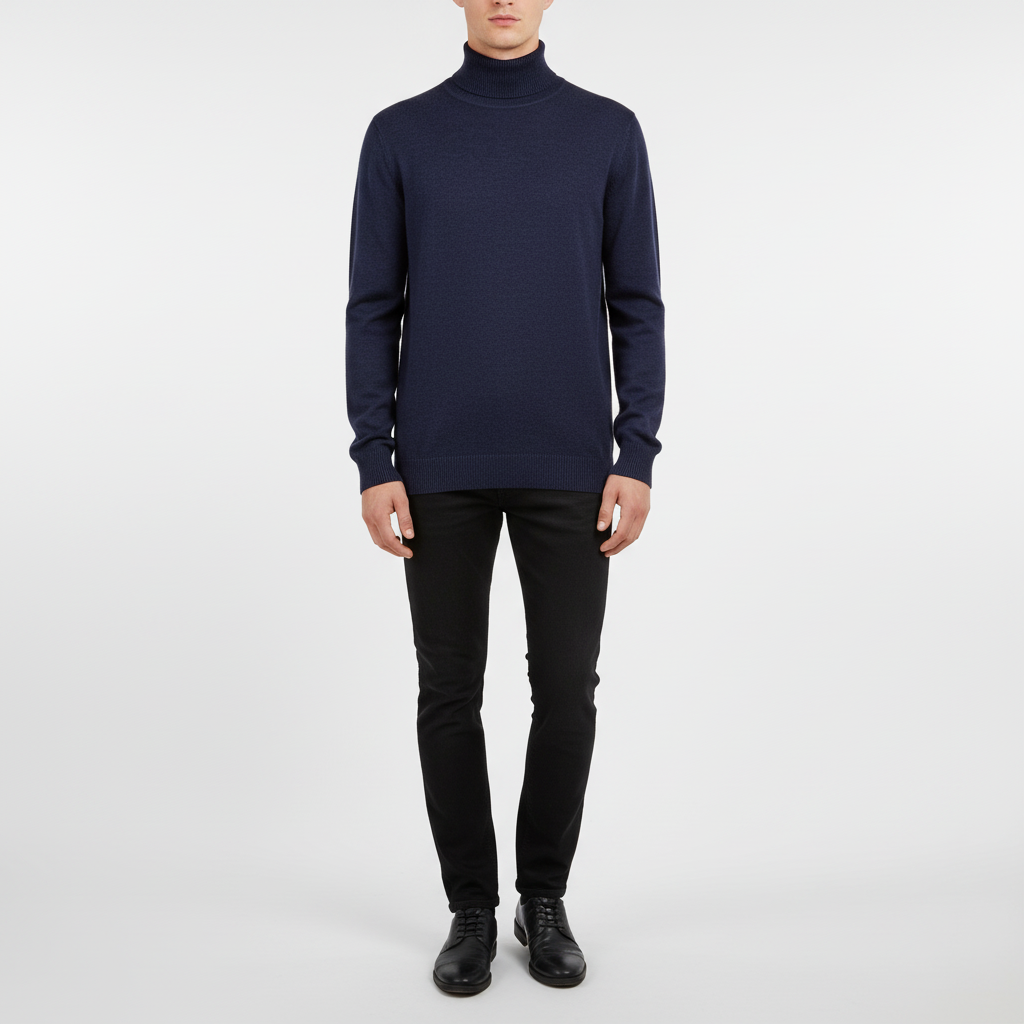 Herrs Finstickad Turtleneck Tröja med Ribbad Finish