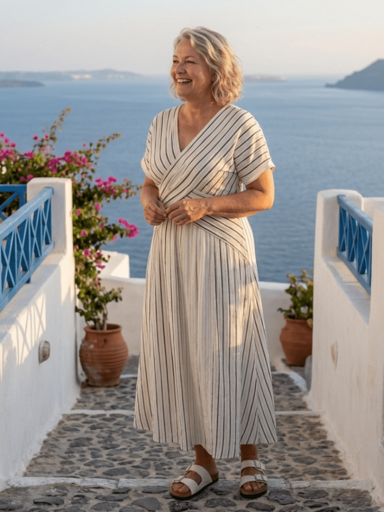 Kvinnors Randig Midi Klänning Med Korsad Midja Elegant Passform