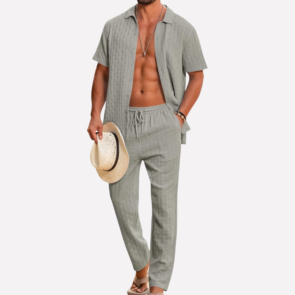Herrars sommar co-ord set texturerad skjorta avslappnade byxor