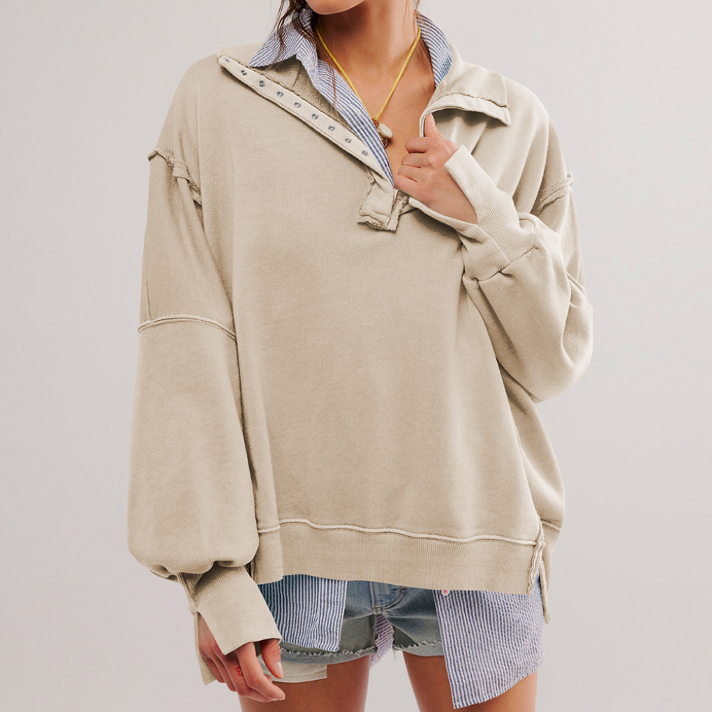 Kvinnors Oversized Henley Pullover Avslappnad Passform Casual Topp