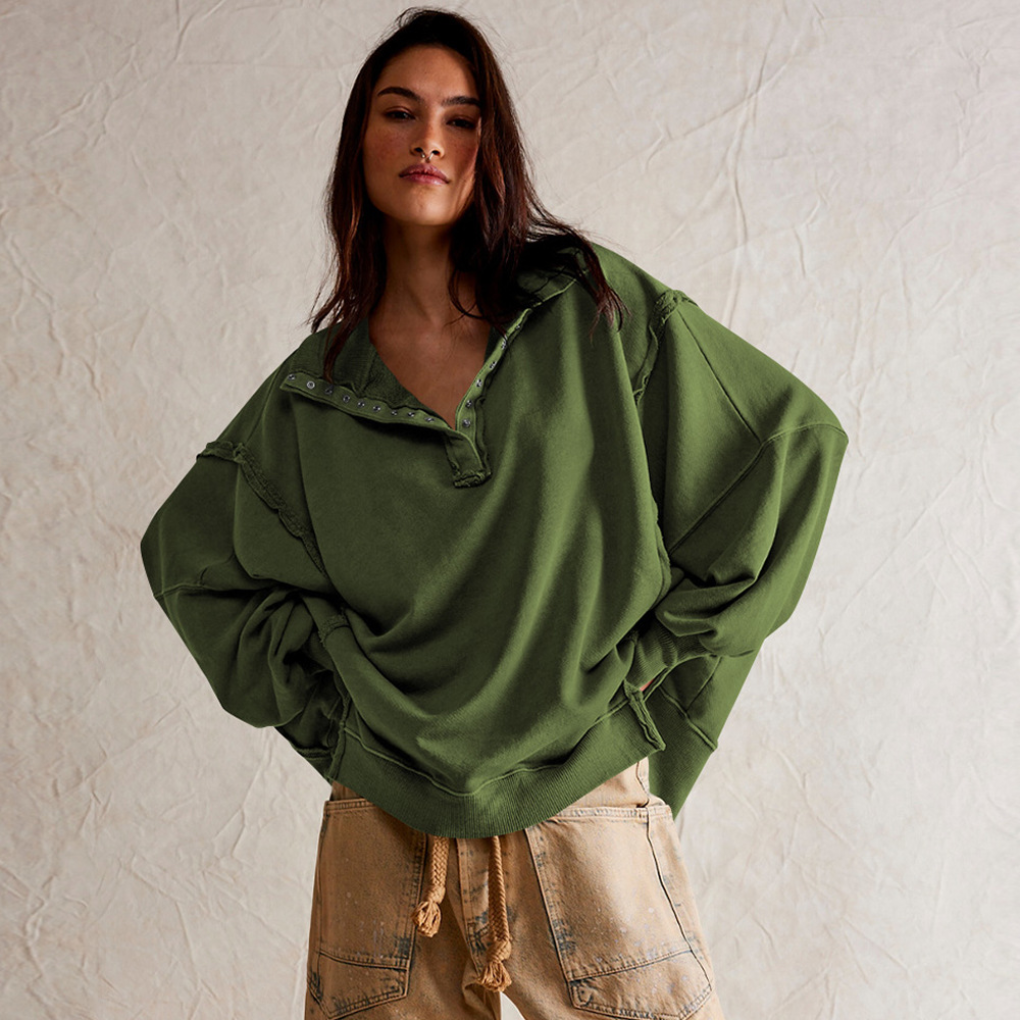Kvinnors Oversized Henley Pullover Avslappnad Passform Casual Topp