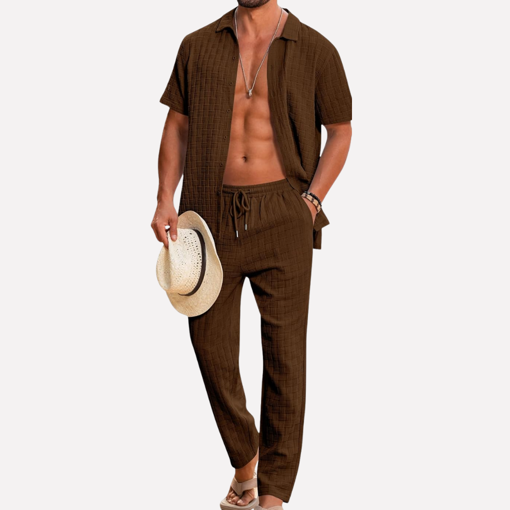 Herrars sommar co-ord set texturerad skjorta avslappnade byxor