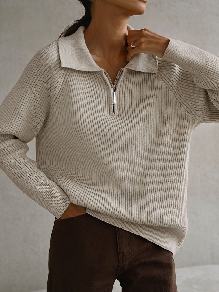 Kvinnors Ribbad Zip-Neck Tröja – Mjuk Krage för Kontor och Helgbruk