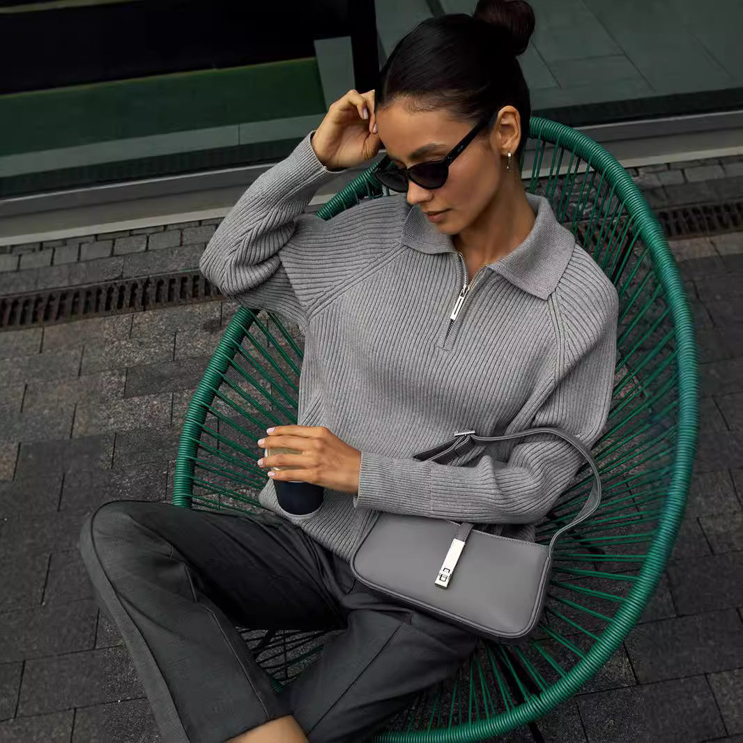 Kvinnors Ribbad Zip-Neck Tröja – Mjuk Krage för Kontor och Helgbruk