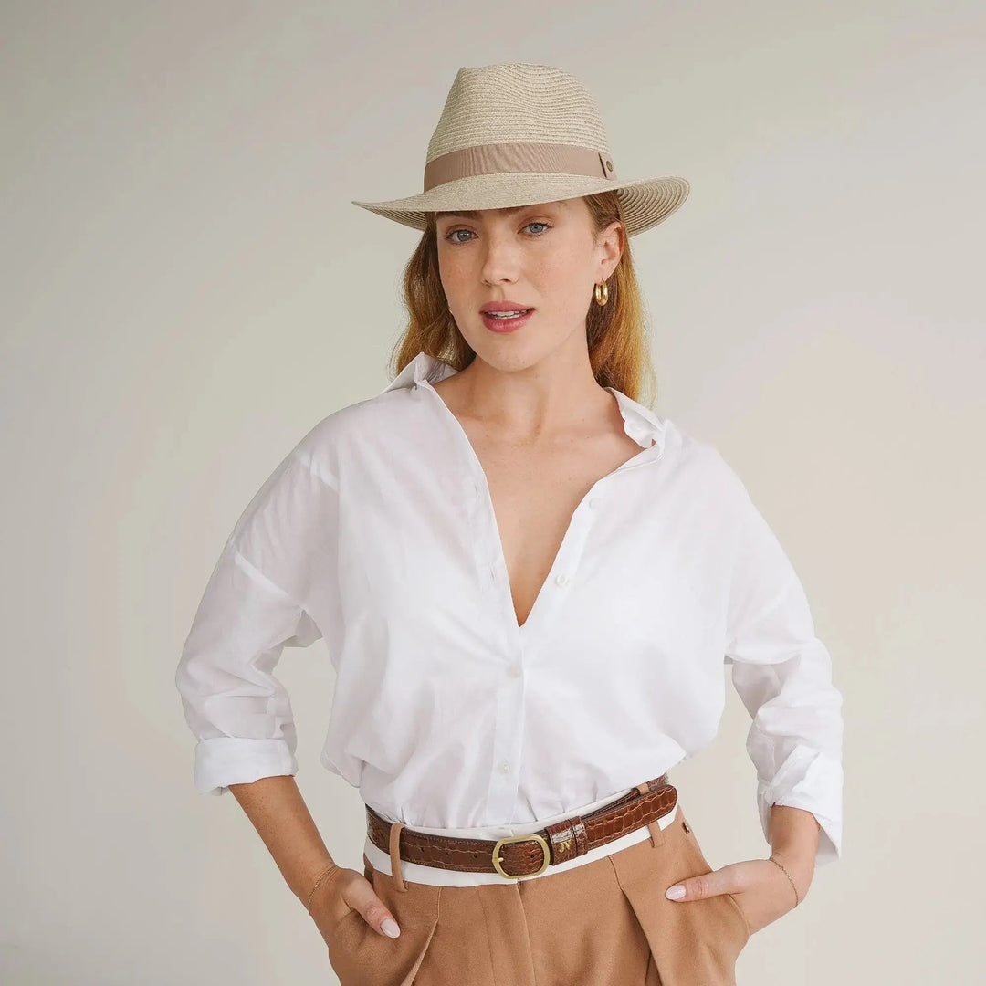 Kvinnors Vävd Fedora Solhatt med Ribbdesign