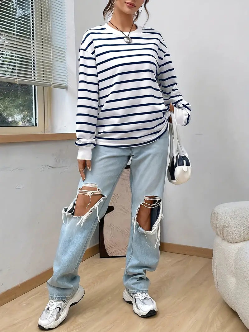Kvinnors Avslappnad Tryckt Sweatshirt – Crew Neck Casual Lager för Höst och Vinter