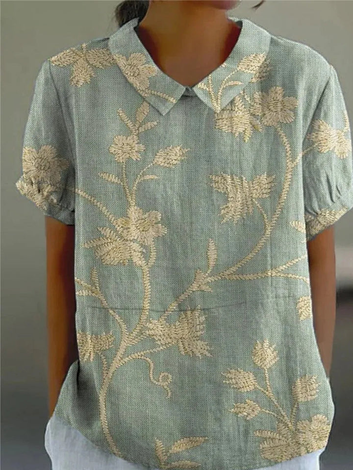 Kvinnors Tryckt Peter Pan Krage Avslappnad Kort Ärmad Blus