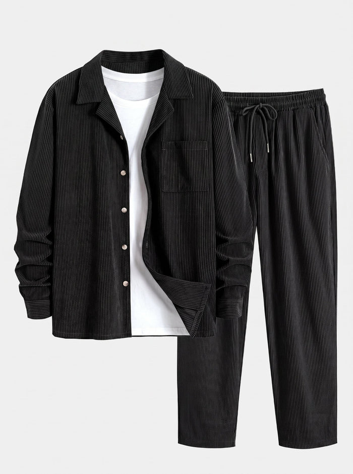 Mäns Cuban Collar Corduroy Set – Långärmad Skjorta och Raka Byxor för Avslappnad Stil i Kyligt Väder