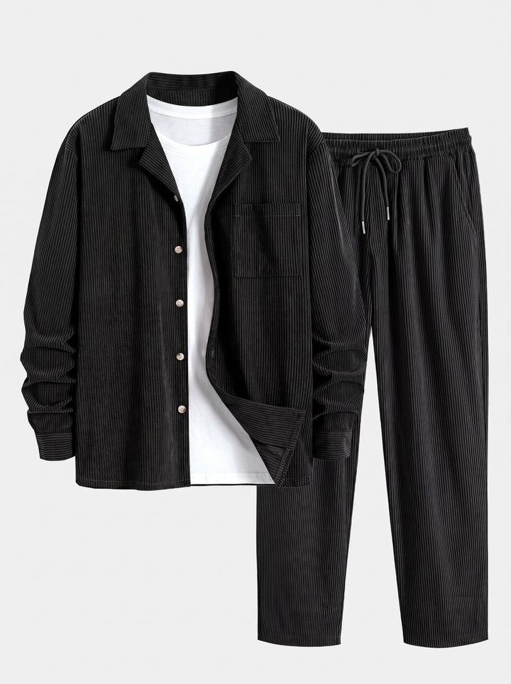 Mäns Cuban Collar Corduroy Set – Långärmad Skjorta och Raka Byxor för Avslappnad Stil i Kyligt Väder