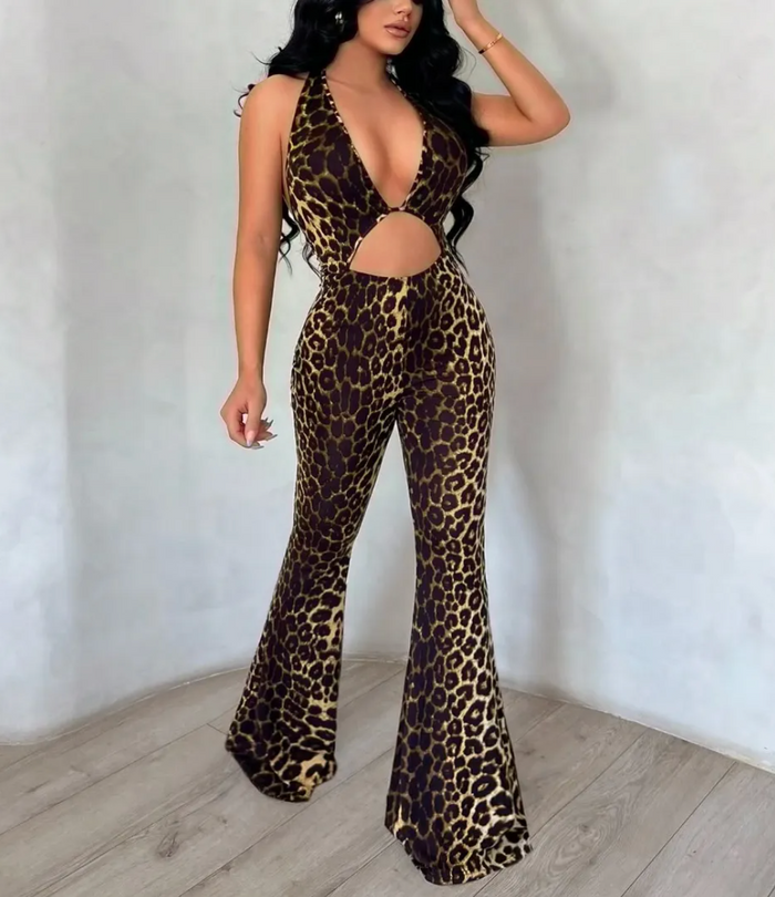 Kvinnors Tryckt Cut Out Flared Jumpsuit Halter Silhuett