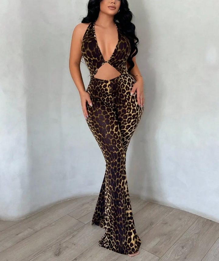 Kvinnors Tryckt Cut Out Flared Jumpsuit Halter Silhuett