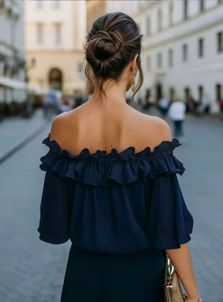 Kvinnors Off Shoulder Ruffle Blus Avslappnad Kort Ärms Top