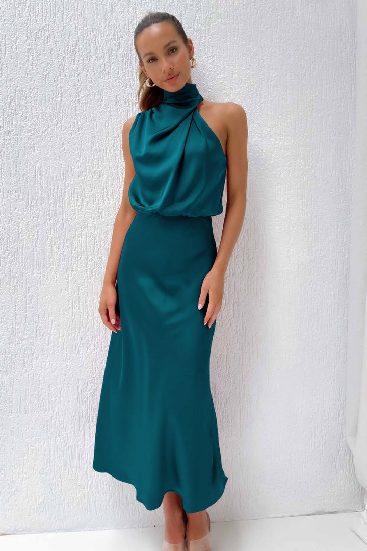 Kvinnors Satin Halterneck Klänning Draperad Halsringning Slank Kjol