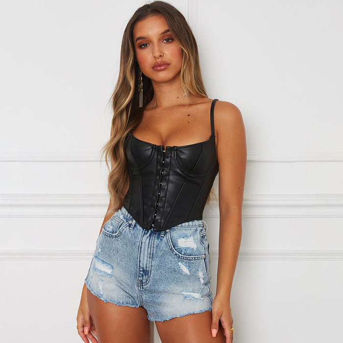 Kvinnors Bustier Topp i Konstläder med Formade Krokdetaljer