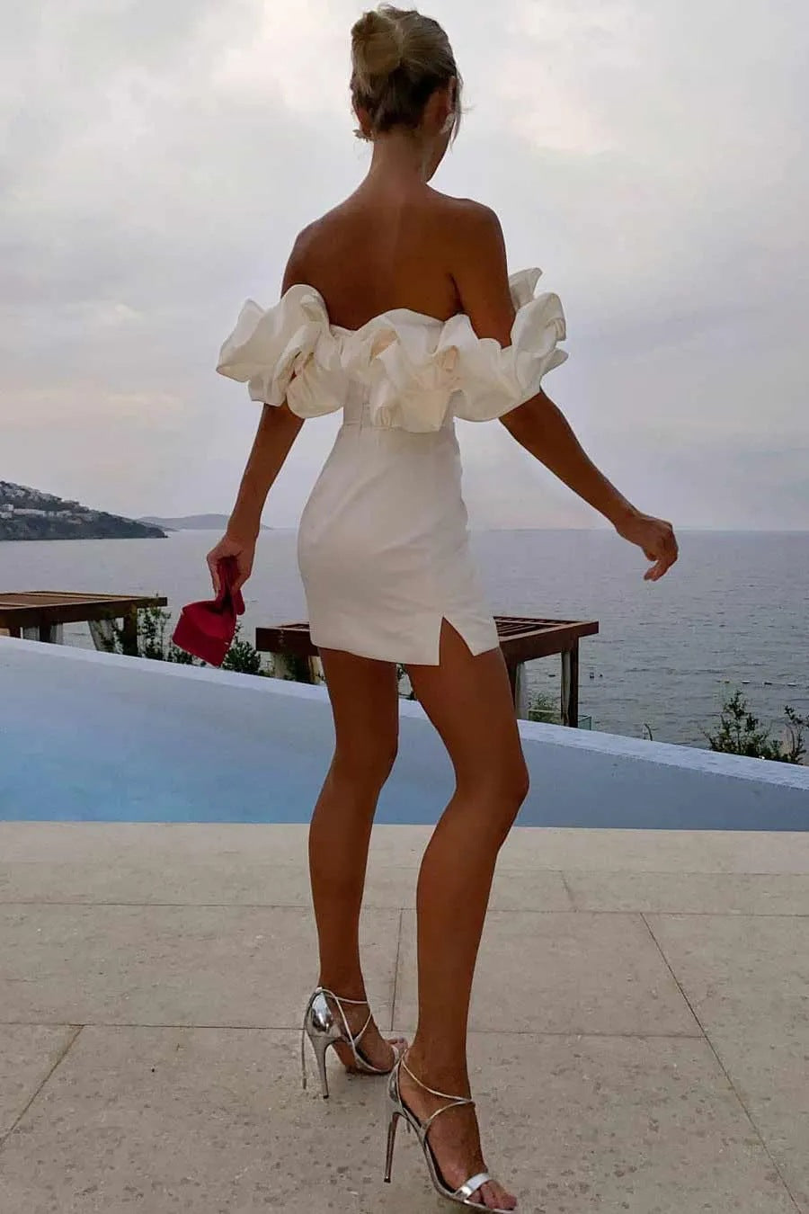 Kvinnors Off Shoulder Mini Klänning Statement Ruffle Bodice