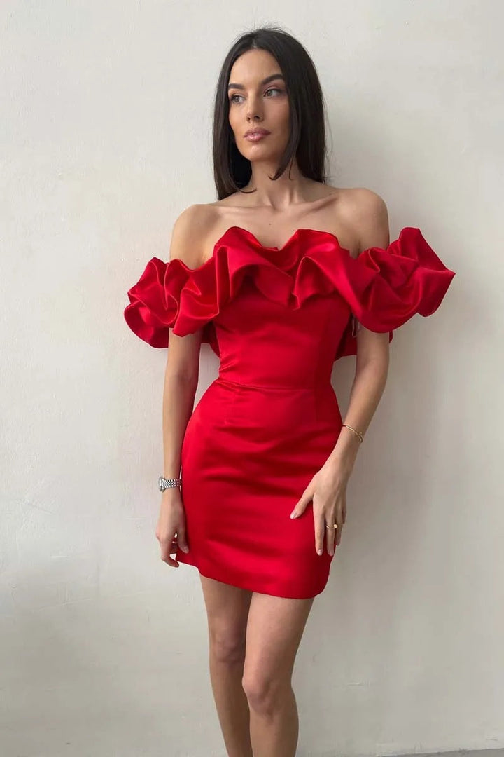 Kvinnors Off Shoulder Mini Klänning Statement Ruffle Bodice