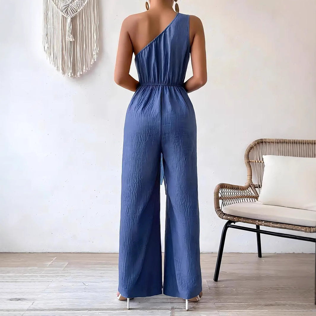 Kvinnors Enaxlad Jumpsuit med Bälte och Bred Ben Silhuett
