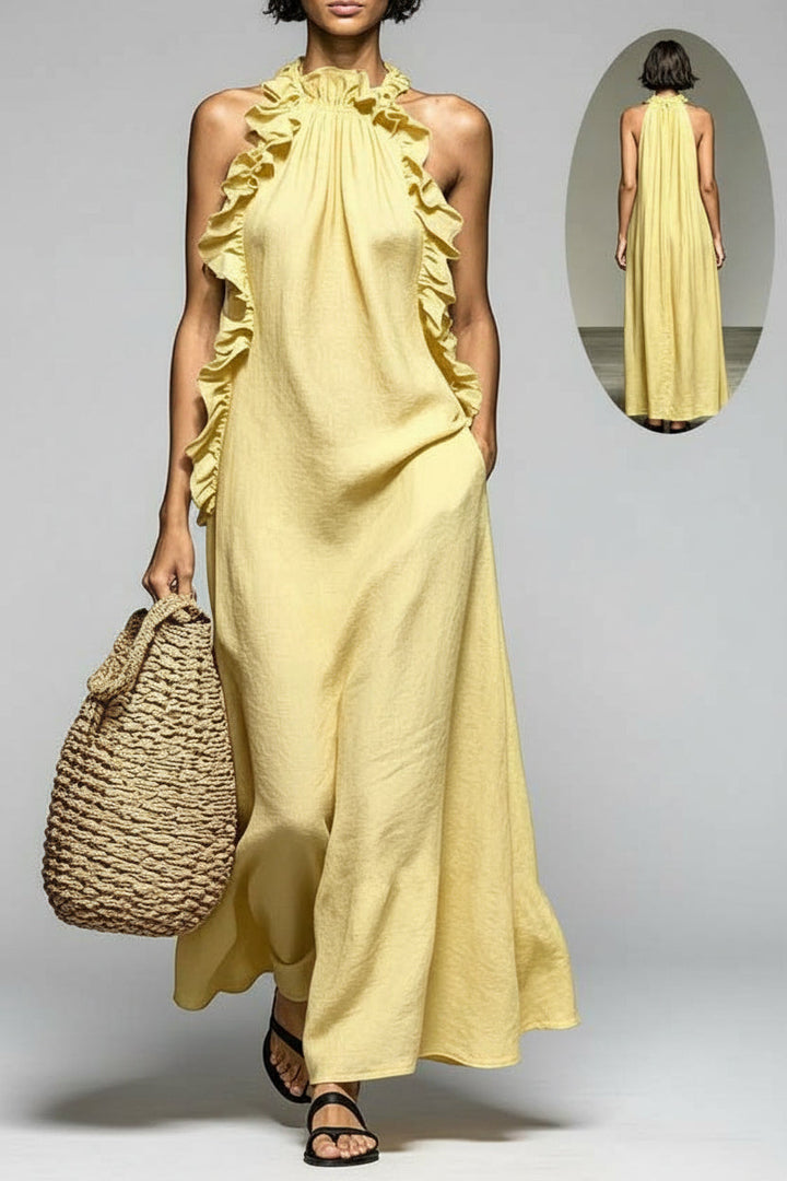 Kvinnors Halterneck Maxi Klänning med Volangkant, Ärmlös, Lätt Passform