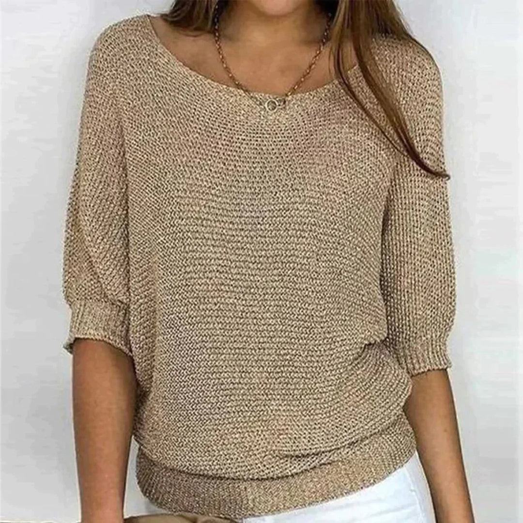 Kvinnors Texturerad Scoop-Neck Stickad Topp – Avslappnad Trekvartslång Ärmsstil för Vardagsbruk