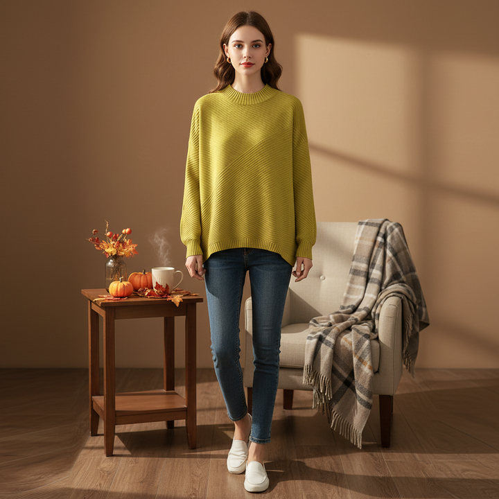 Kvinnors Diagonal Ribbstickad Tröja Oversized Mock Neck