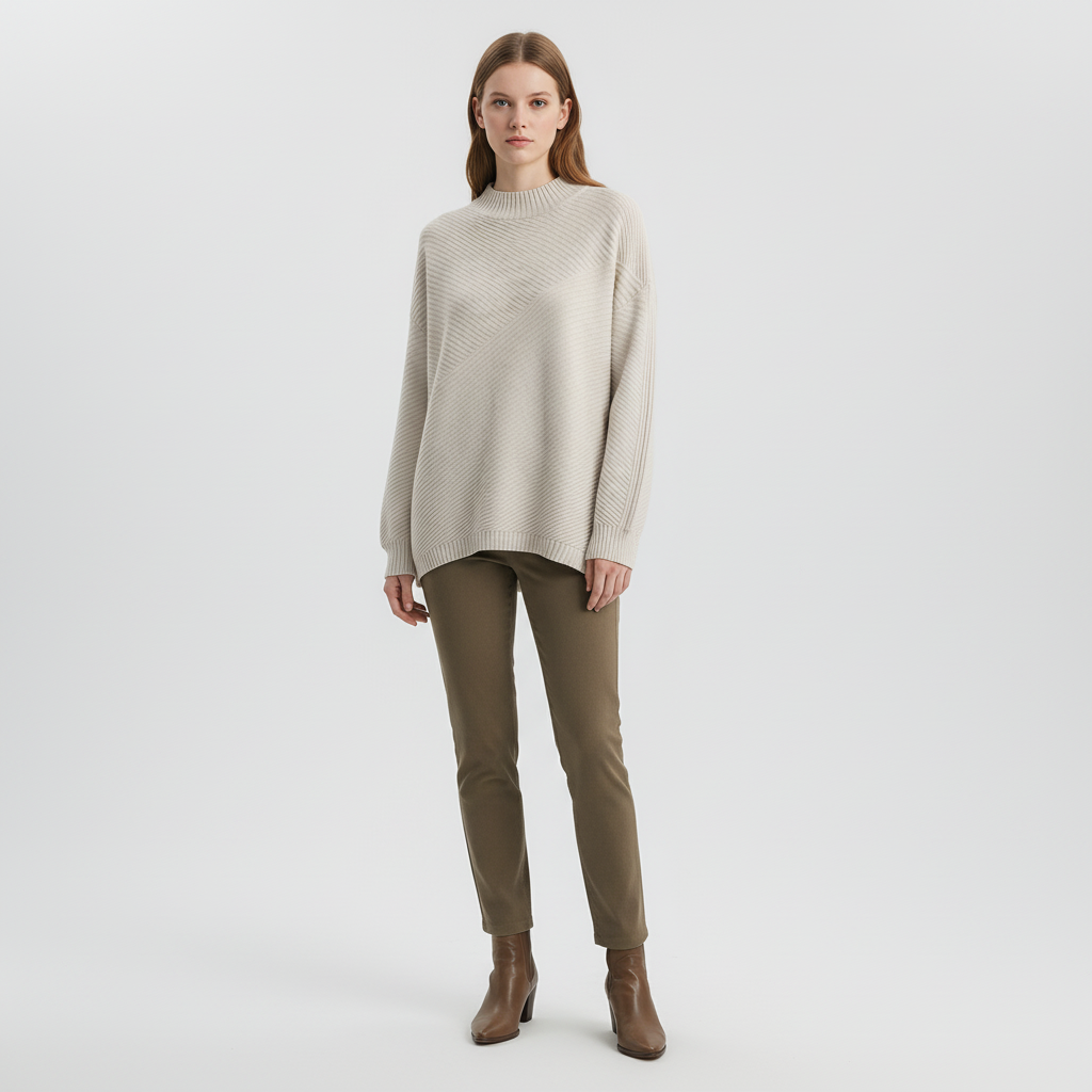 Kvinnors Diagonal Ribbstickad Tröja Oversized Mock Neck