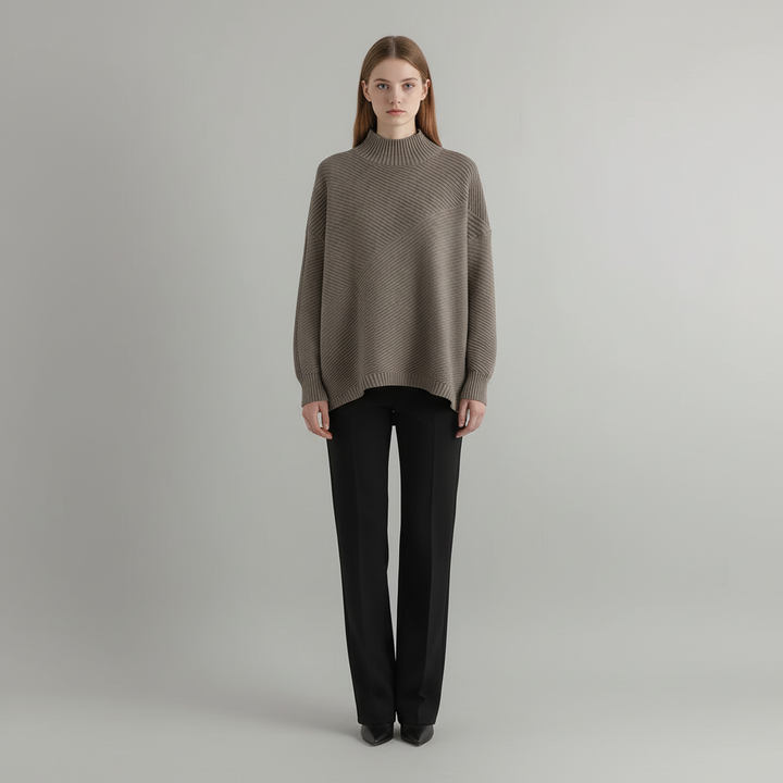Kvinnors Diagonal Ribbstickad Tröja Oversized Mock Neck