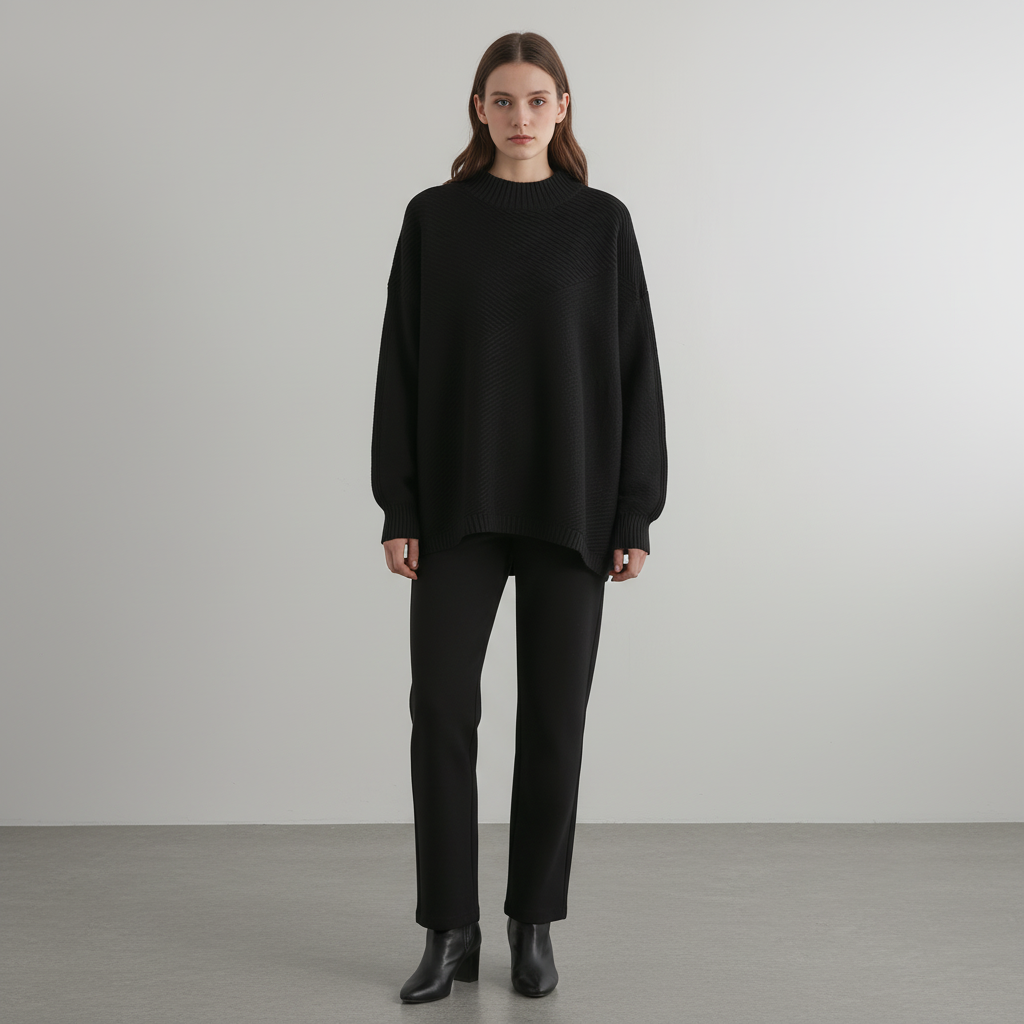 Kvinnors Diagonal Ribbstickad Tröja Oversized Mock Neck