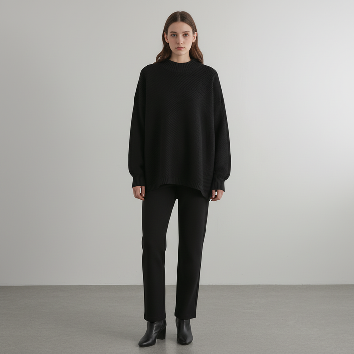 Kvinnors Diagonal Ribbstickad Tröja Oversized Mock Neck