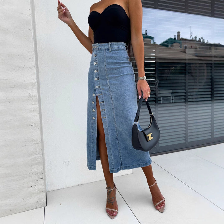 Kvinnors knappfront denim midi kjol med sprund